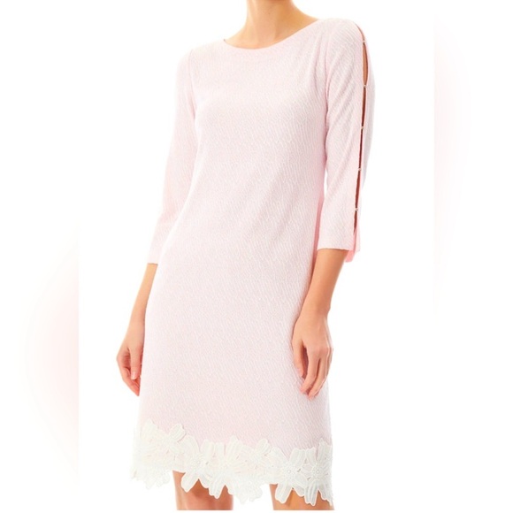 Ming Wang Dresses & Skirts - MING WANG Pink Sheath Floral Lace Hem 3/4 Split Sleeve Dress Women’s XS NWT NEW